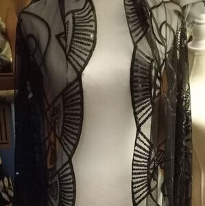New,sheer mesh long black sequin embrodiered wrap shawl fringe bottom one size.